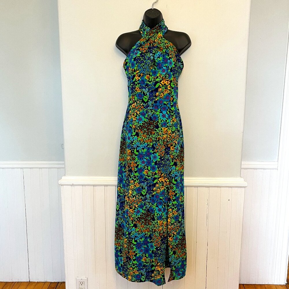 Vintage Union Made Cross Halter Floral Maxi Dress, Size XS
